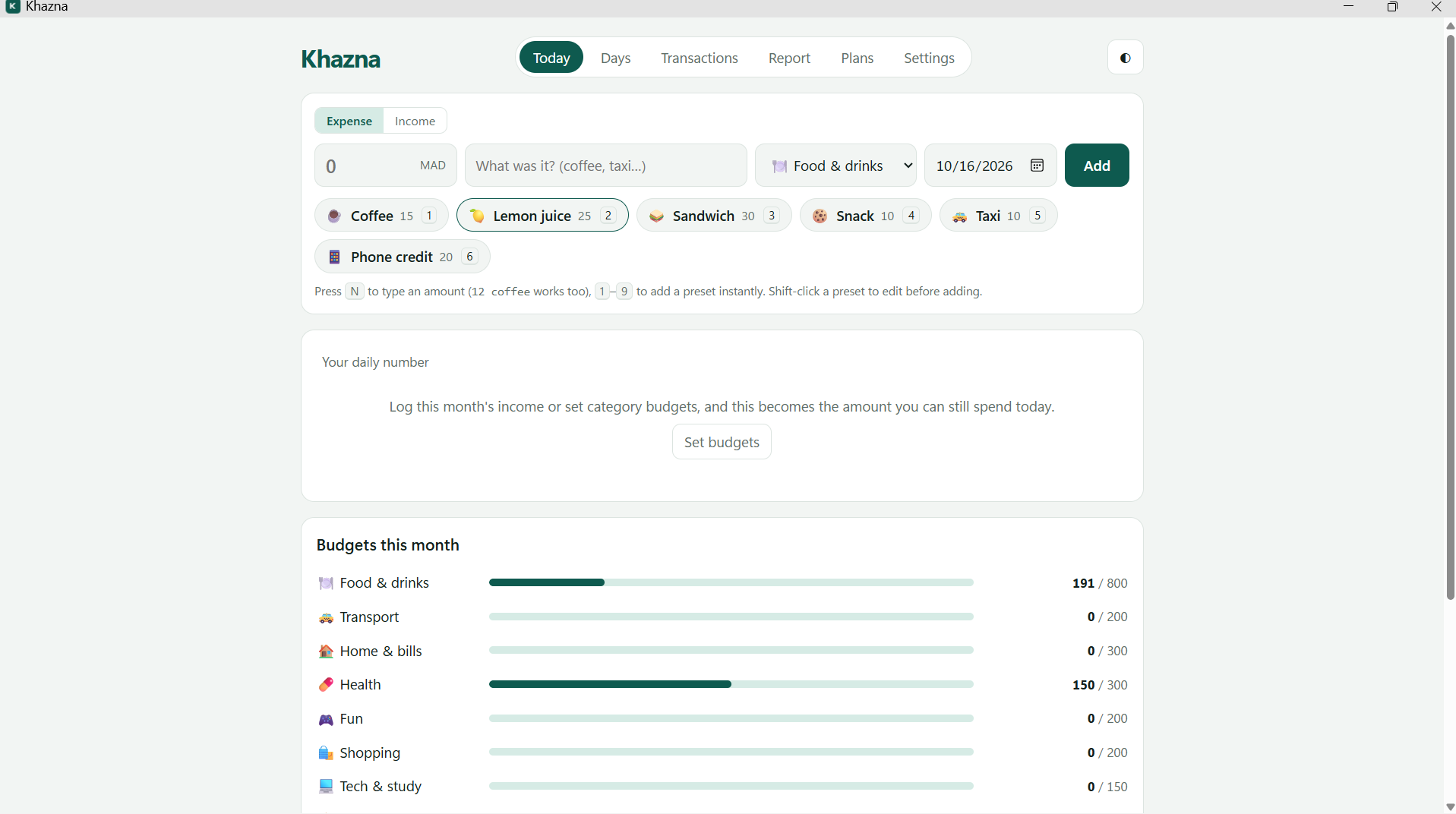 Screenshot of Khazna's daily expense and budget tracker