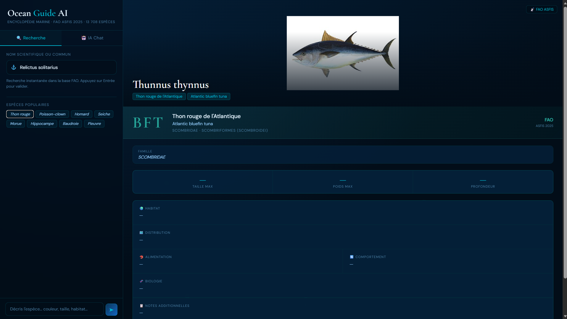 Screenshot of Ocean Guide AI species search