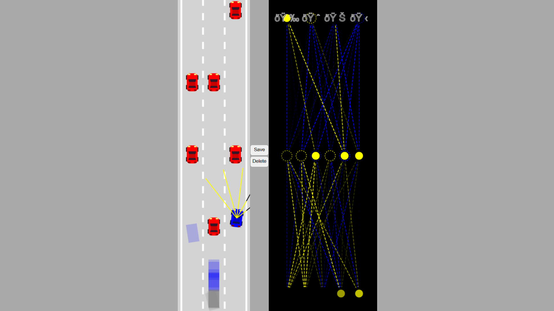 Screenshot of the JavaScript self-driving car simulation